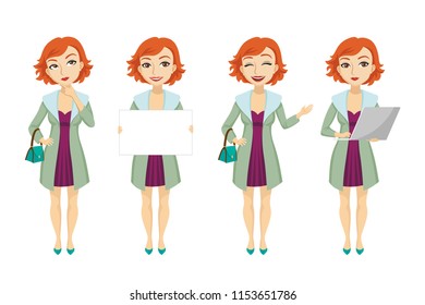 Fashionable redhead woman in purple dress character set with different poses, emotions, gestures. Part of banner, bag, laptop. Can be used for topics like businesswoman, confidence, entrepreneur