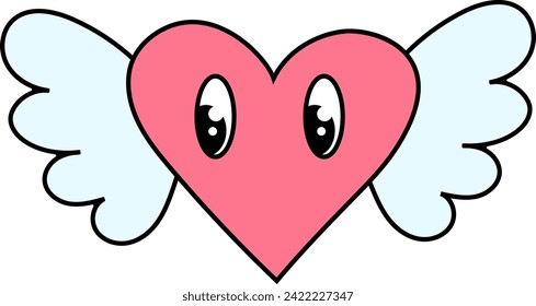 Fashionable retro cartoon heart character. Heart with wings. Groovy style, vintage, aesthetics of the 70-60s. Groove style. Valentine's Day. Vector illustration