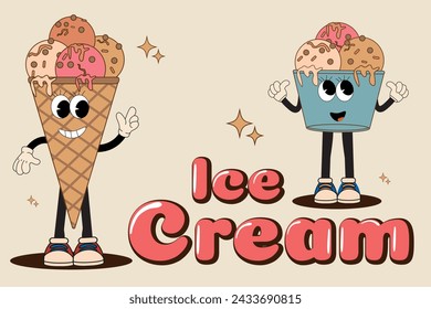 Fashionable retro poster with ice cream mascot. Vintage cartoon sign for cafe advertising. Vector illustration in groovy style.