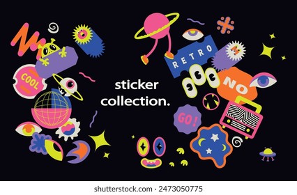 Fashionable retro sticker pack for any purpose. Various forms of labels. Theme of space and monsters. Slogans.
  EPS10
