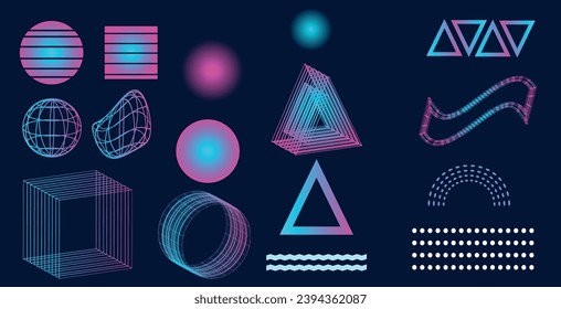 Fashionable retrofuturistic holographic collection in vaporwave style in the 80s-90s. Old wave cyberpunk concept. Shape design elements for disco genre, retro party or themed event. Glitch Neon Shapes