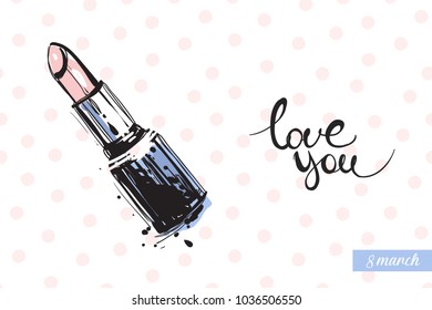 Fashionable rose quartz lipstick with text: love you. Fashion accessory illustration in trendy soft colors for beauty salon, shop, blog print. Isolated symbol on white background.