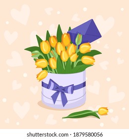 Fashionable round box with yellow tulips and purple envelope for Valentine's Day, Women's Day, Mother's Day, Birthday. Gift for wife, girl, mother, grandmother, girlfriend. Vector flat illustration