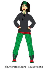 Fashionable Sad Cartoon Girl In Pants And A Sweatshirt In Grey And Green Colors, Vector Made As Child's Drawing