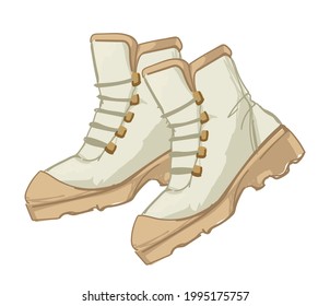 Fashionable safari apparel shoes of leather with laces. Man or woman clothing, casual trendy outfits, clothing for males and females. Warm boots for winter or autumn, boots vector in flat style
