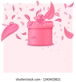 Fashionable sakura's flower box. Fashion accessory illustration in trendy soft colors for beauty salon, shop, blog print. Isolated symbol on pink background.