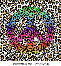 Fashionable seamless background with leopard print and hippie peace colorful symbol. Fashion design for textile, wallpaper, t-shirt, bag, poster, scrapbook