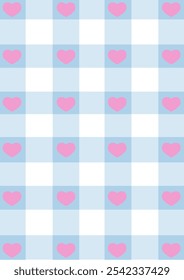 Fashionable seamless cute heart pattern, plaid, checkerboard pattern for fabric, gift wrapping paper, packaging, banner, card, fabric print vector background for Valentine's Day.