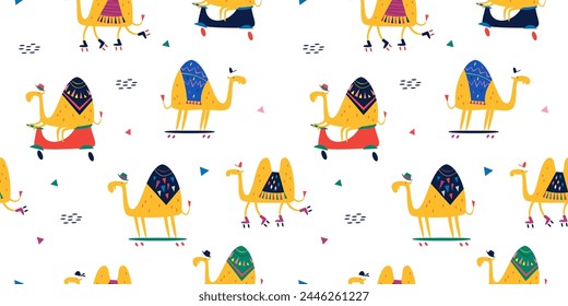 Patrón etno sin costuras de moda: alegres camellos montan patinetas, scooters y patines. Ilustración vectorial para tela.