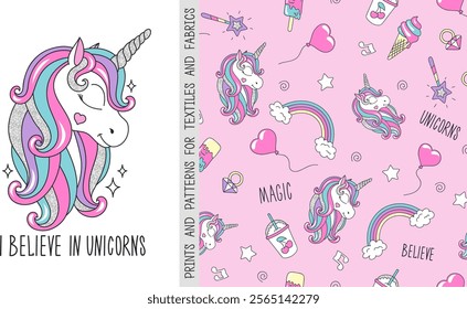 Fashionable seamless glitter unicorn pattern for t-shirts and fabric.