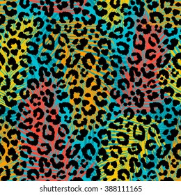 Fashionable seamless palm leaves pattern background. Colorful leopard exotic animal print. Vector pattern.