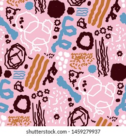 Fashionable seamless pattern of abstract shapes, lines, spots, doodles.