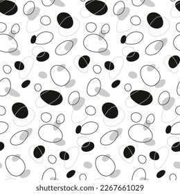 Fashionable seamless pattern with abstract shapes. Hand-drawn simple shapes. Abstract modern vector illustration in retro style. Black and white spots on a white background. The texture of the stamp.