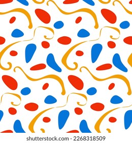 Fashionable seamless pattern with abstract shapes. Hand-drawn simple shapes. Abstract modern vector illustration in bright colors. Juicy shades on a white background. The texture of the stamp.