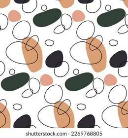 Fashionable seamless pattern with abstract shapes. Hand-drawn simple shapes. Abstract modern vector illustration in bright colors. Juicy shades on a white background. Texture line and stamp spot.