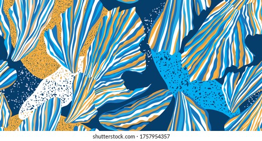 Fashionable seamless pattern. Algae and corals on a blue background. Abstract marine ornament. Vector illustration.
Can be used for fabric, textile, manufacturing, wallpapers.