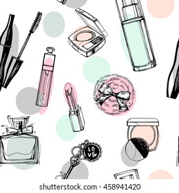 Fashionable seamless pattern with a beautiful perfume, mascara, keys, powder puff, blush. Cosmetics and fashion background. Vector illustration.