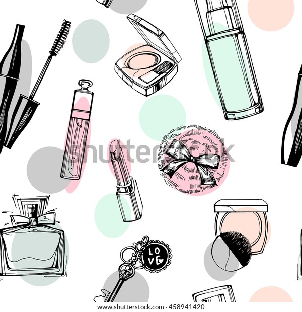 Fashionable seamless pattern with a\
beautiful perfume, mascara, keys, powder puff, blush. Cosmetics and\
fashion background. Vector\
illustration.