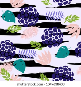 fashionable seamless pattern with blue flowers and tropical leaves