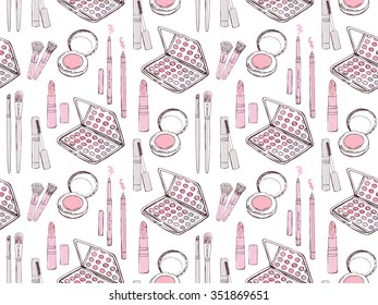 Fashionable seamless pattern of cosmetics, hand-drawn. Excellent choice for your design.