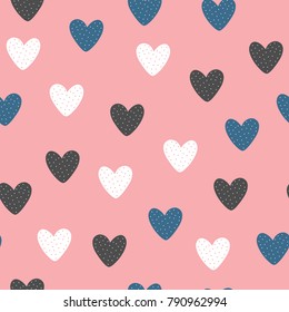 Fashionable seamless pattern with cute hearts drawn by hand. Girly vector illustration.
