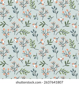 Fashionable seamless pattern with delicate twigs, leaves and berries. Flat vector illustration on a blue background