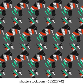 Fashionable seamless pattern in Egyptian style. Collage, drawing dog. The pattern of cut-out pieces. Embroidery on fabric. Hand-drawing with markers.