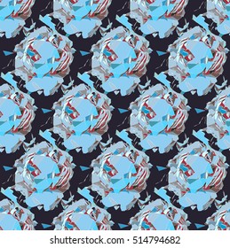 Fashionable seamless pattern with geometric roses of blue shades. Vector illustration