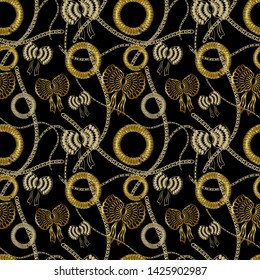 Fashionable seamless pattern with gold chains and flowers. Vector