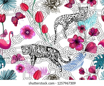 fashionable seamless pattern with hand drawn african animals, flowers, tropical leaves on white chains background, design for textile textures, vector illustration