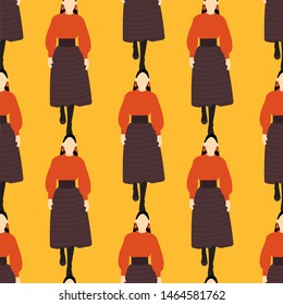 fashionable seamless pattern with human dressed in a trendy autumn clothes