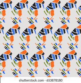 Fashionable seamless pattern in Japanese style. Collage, drawing dog. The pattern of cut-out pieces. Embroidery on fabric. Hand-drawing with markers.