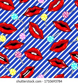 Fashionable  seamless pattern with lips and lolipop. Seamless cool background. Repeated bright pattern for textile, sport clothes, wrapping paper, T-shirts, web.