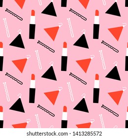 Fashionable seamless pattern of lipstick, earring, hairpin.