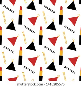 Fashionable seamless pattern of lipsticks, earrings, hairpin.