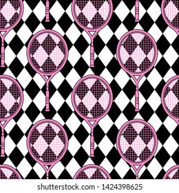 Fashionable seamless pattern of pink tennis racket on checkered background.