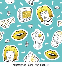 Fashionable Seamless Pattern in Pop Art Style with Golden Badges and Patches. Fabric Background 80s-90s with Girl and Lips. Vector illustration