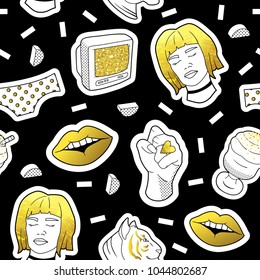 Fashionable Seamless Pattern in Pop Art Style with Golden Badges and Patches. Fabric Background 80s-90s with Girl and Lips. Vector illustration