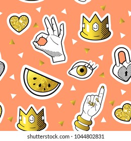 Fashionable Seamless Pattern in Pop Art Style with Golden Badges and Patches. Fabric Background 80s-90s with Hands and Hearts. Vector illustration