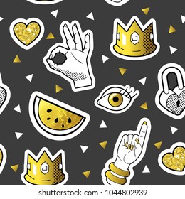 Fashionable Seamless Pattern in Pop Art Style with Golden Badges and Patches. Fabric Background 80s-90s with Hands and Hearts. Vector illustration