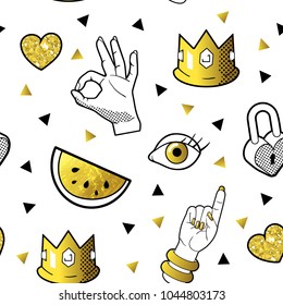 Fashionable Seamless Pattern in Pop Art Style with Golden Badges and Patches. Fabric Background 80s-90s with Hands and Hearts. Vector illustration