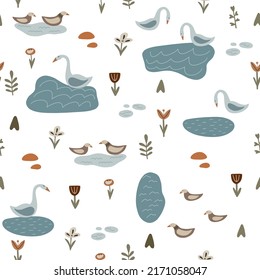 Fashionable seamless pattern with swans and ducks on a white background. Scandinavian design for fabric, wallpaper, textile and decor.