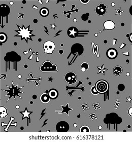 Fashionable seamless pattern symbolizing the modern trends in music, punk, rock, rap, hip hop, pop art, in monochrome on a gray background