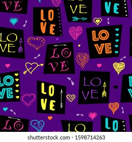 Fashionable  seamless pattern with text love. Seamless cool background.Repeated bright pattern for textile, sport clothes, wrapping paper, T-shirts, web.