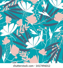 Fashionable seamless pattern with tropical leaves, plants and flowers on blue background. Vector design. Jungle print. Textiles and printing. Floral background.