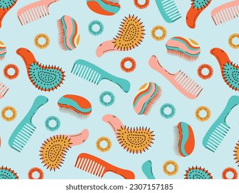 Patrón moderno y sin costuras con varios peines, corbatas de pelo. Barbería o fondo de barbería. Ilustración vectorial en un fondo verde claro.