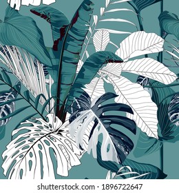 Fashionable seamless tropical pattern with tropical bananas monstera leaves on a vintage blue green background. Beautiful exotic plants. Trendy summer Hawaii print. Line stylish floral.