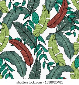 Fashionable seamless tropical pattern with beautiful red and yellow plants and leaves on white background. Seamless exotic pattern with tropical plants. Beautiful seamless vector floral pattern.