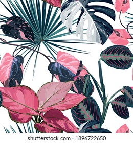 Fashionable Seamless Tropical Pattern With Tropical Blue Pink Leaves On A White  Background. Beautiful Exotic Plants. Trendy Summer Hawaii Print. Line Stylish Floral.