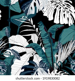 Fashionable seamless tropical pattern with blue tropical bananas monstera leaves on a black background. Beautiful exotic plants. Trendy summer Hawaii print. Line stylish floral.